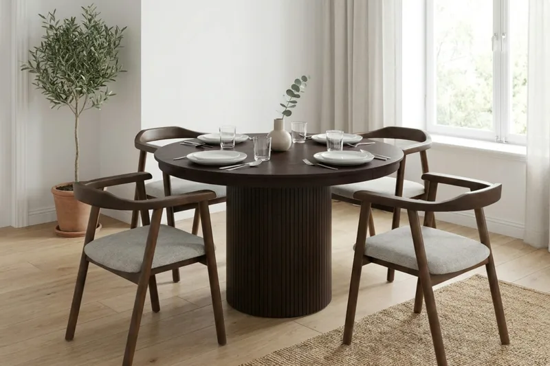 Kopparbo spisegruppe uttrekkbar rund 120-220 cm røkt eik med 4 Jolie spisestoler - Møbler - Bord - Spisegrupper
