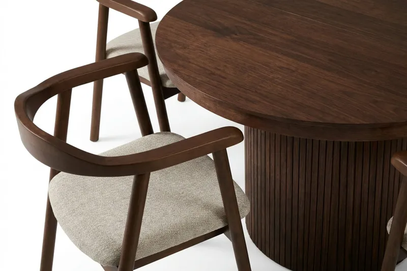 Kopparbo spisegruppe uttrekkbar rund 120-220 cm valnøtt med 4 Jolie spisestoler - Møbler - Bord - Spisegrupper