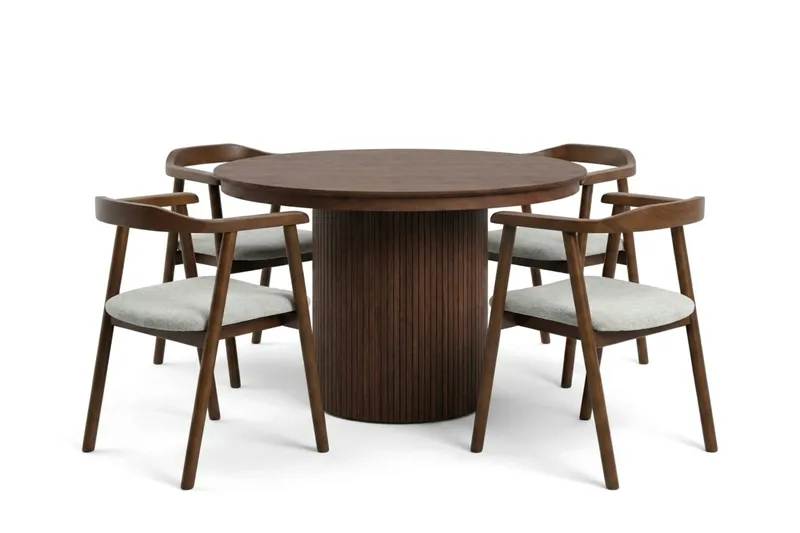 Kopparbo spisegruppe uttrekkbar rund 120-220 cm valnøtt med 4 Jolie spisestoler, undefined
