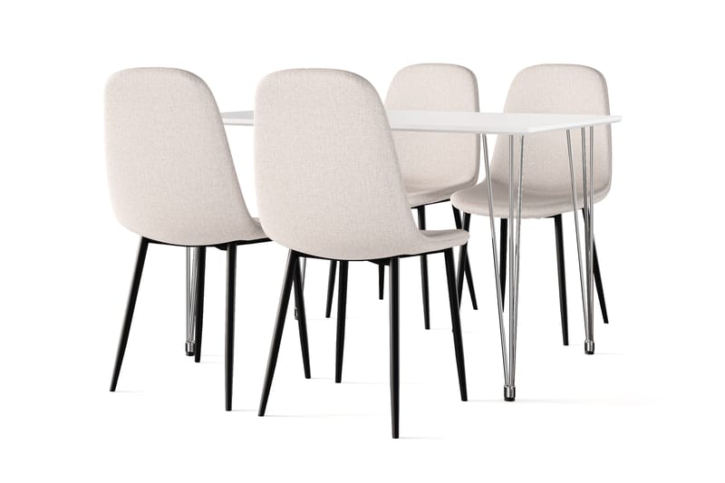 Kronblom Spisebord 120 cm + 4 stk Nibe stol beige med svarte ben, Hvit/Beige