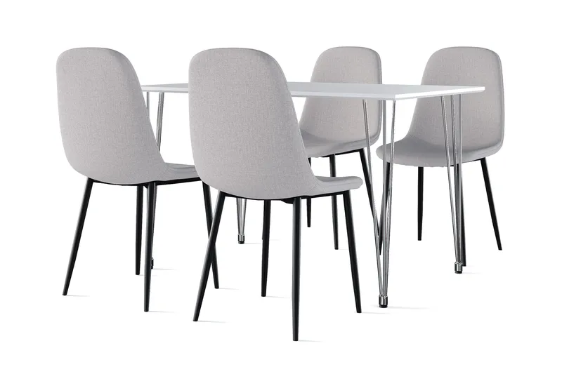 Kronblom Spisebord 120 cm + 4 stk Nibe stol grå med svarte ben, Hvit/Grå