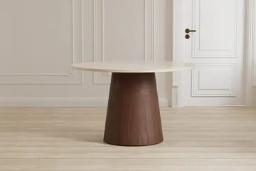 Lanzo Rundt Spisebord 120 cm i Tre med Valnøtt- og Travertinutseende - Beige - Møbler - Bord - Spisebord & kjøkkenbord