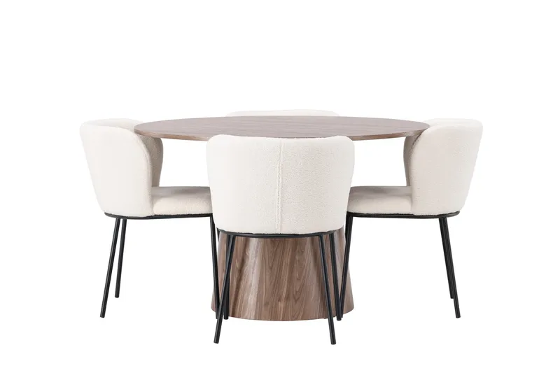 Lanzo Rundt Spisesett i Tre 120 cm med 4 Edina Stoler - Natur / Beige / Hvit - Møbler - Bord - Spisegrupper