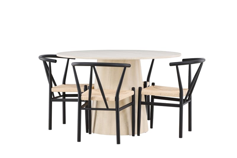Lanzo Spisegruppe 120 cm Rund med 4 Alfons stoler, Whitewash/Sort