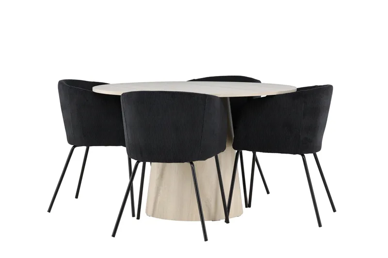 Lanzo Spisegruppe 120 cm Rund med 4 Berit stoler, Whitewash/Sort