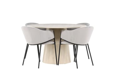 Lanzo Spisegruppe 120 cm Rund med 4 Evelina stoler - Whitewash/Grå - Møbler - Bord - Spisegrupper