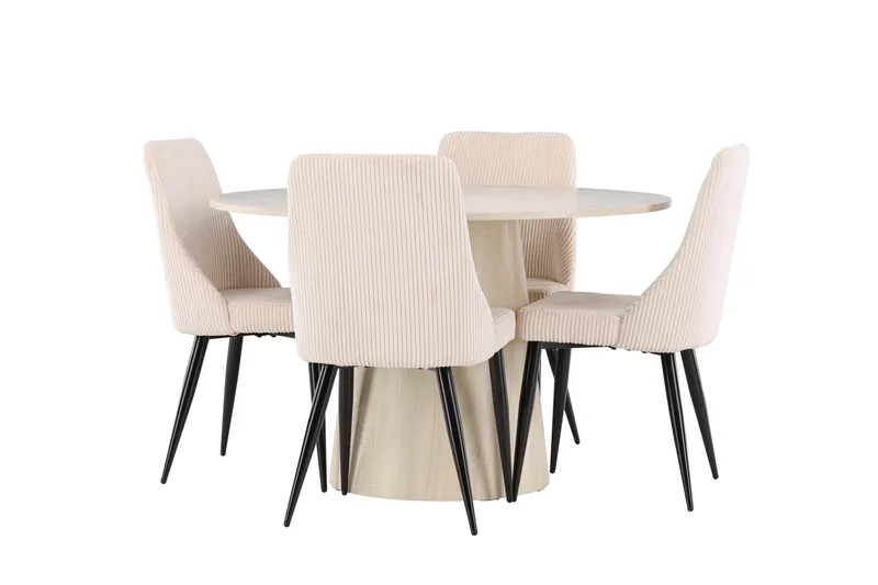 Lanzo Spisegruppe 120 cm Rund med 4 Leone stoler, Whitewash/Beige