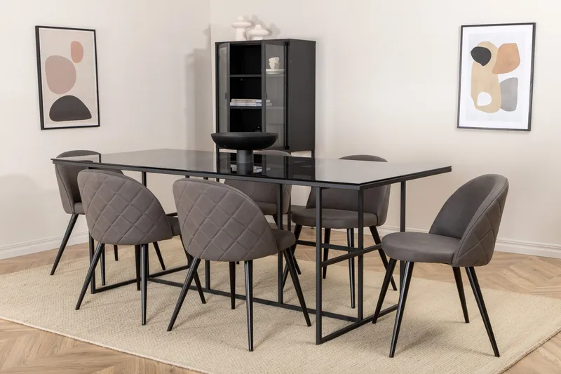 Leifa spisegruppe 200 cm inkl. 6 Velvets stoler, Svart/Grå