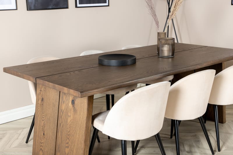 Logger Spisegruppe 210 cm Rektangulær med 6 Velvet Stoler - Beige - Møbler - Bord - Spisegrupper