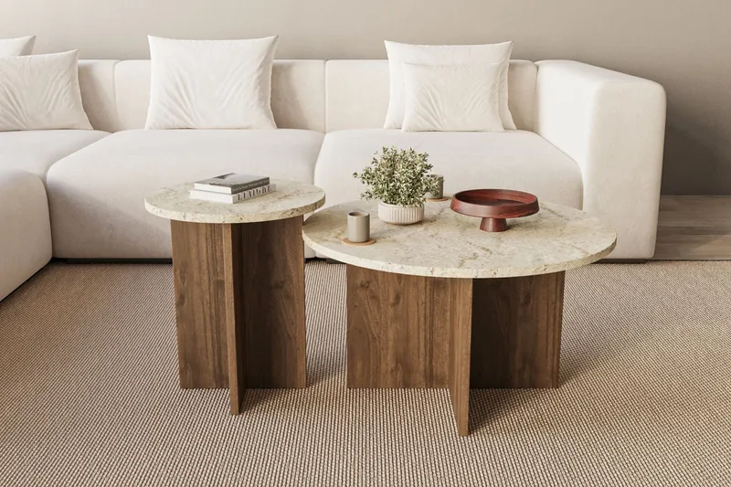 Lorricus sofabord 70 cm rundt - Travertin og Valnøtt - Møbler - Bord - Sofabord