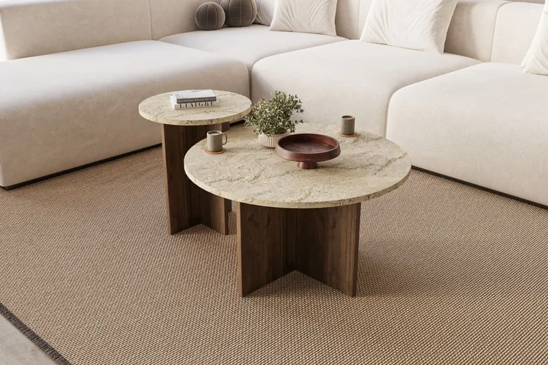 Lorricus sofabord 70 cm rundt - Travertin og Valnøtt - Møbler - Bord - Sofabord