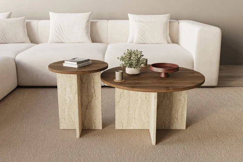 Lorricus sofabord 70 cm rundt - Valnøtt og Travertin - Møbler - Bord - Sofabord