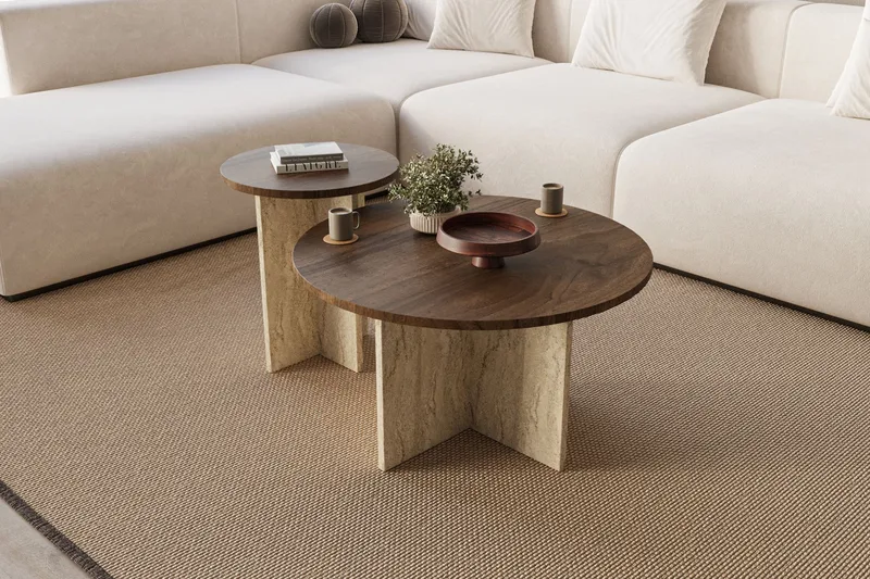 Lorricus sofabord 70 cm rundt, Valnøtt og Travertin