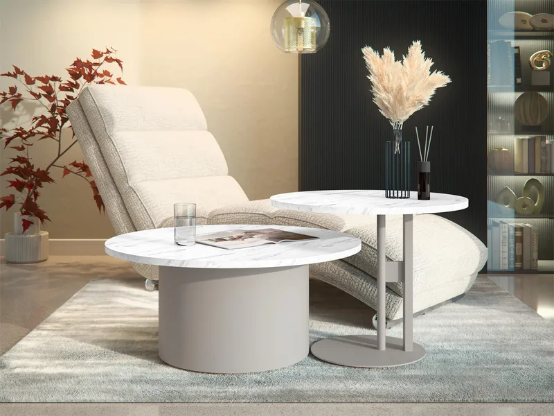 Lorvyn Sett med bord rundt 58/75 cm - Beige og hvit marmor - Møbler - Bord - Sofabord