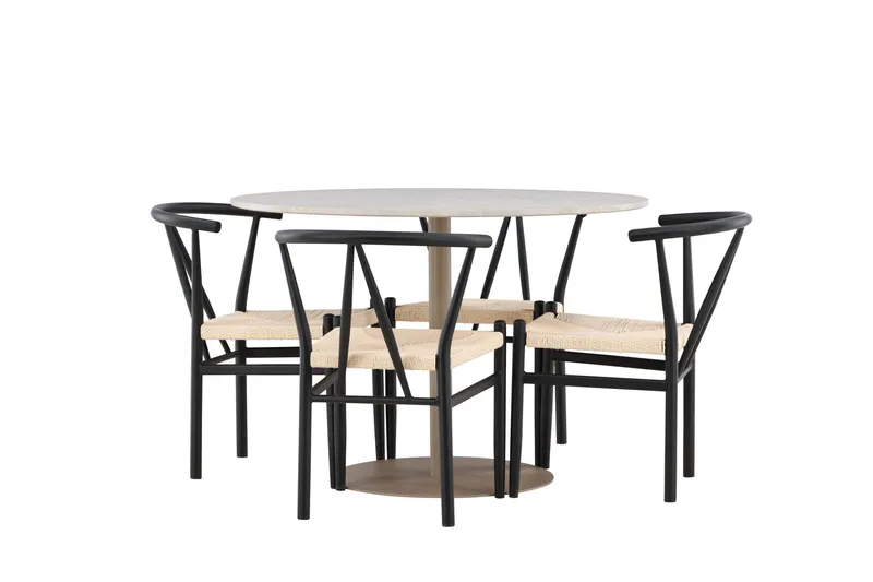 Lycke Spisegruppe 110 cm Rund med 4 Alfons stoler, Beige/Svart