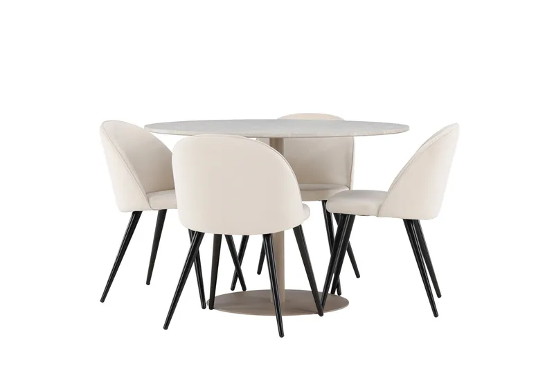 Lycke Spisegruppe 110 cm Rund med 4 Velvet stoler, Beige/Beige