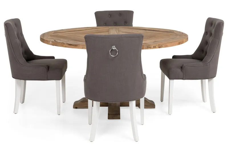 Lyon rund spisegruppe Ø150 cm med 4 stk. Viktoria stoler - Vintage alm/Grå/Hvit - Møbler - Bord - Spisegrupper