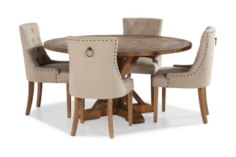 Lyon rund spisegruppe Ø150 cm med 4 Viktoria-stoler - Vintage alm / Beige - Møbler - Bord - Spisegrupper