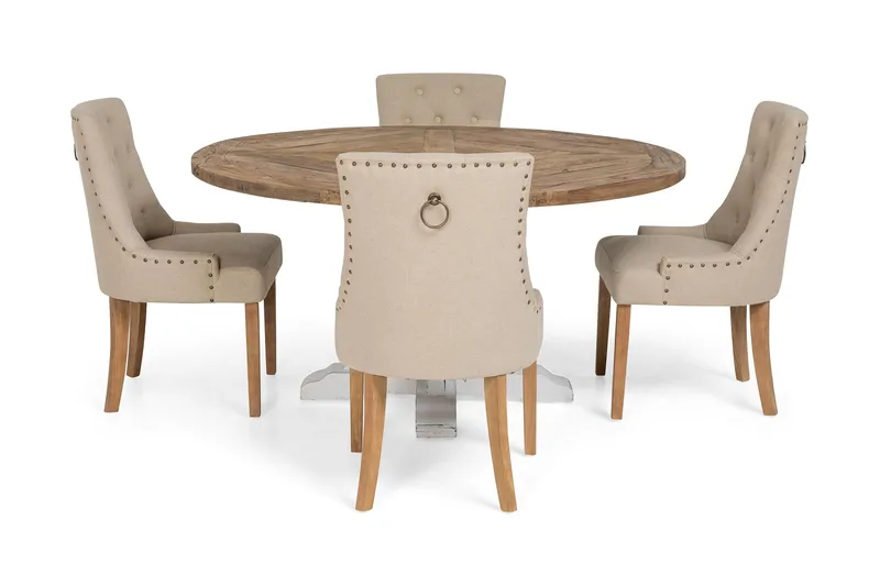 Lyon rund spisegruppe Ø150 cm med 4 Viktoria-stoler - Vintage natur/Hvit/Beige - Møbler - Bord - Spisegrupper