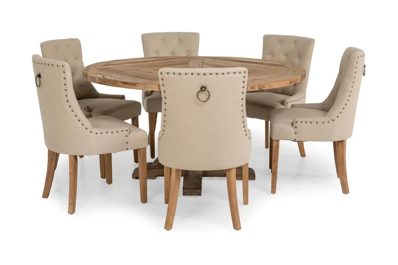 Lyon rund spisegruppe Ø150 cm med 6 stk. Viktoria stoler - Vintage alm/Beige - Møbler - Bord - Spisegrupper