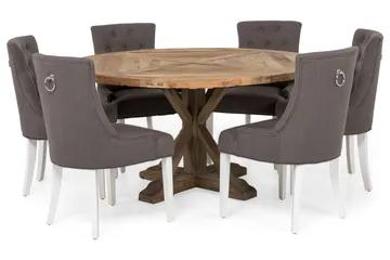 Lyon rund spisegruppe Ø150 cm med 6 Viktoria-stoler - Vintage alm/Grå/Hvit - Møbler - Bord - Spisegrupper