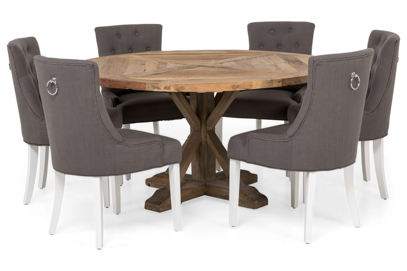 Lyon rund spisegruppe Ø150 cm med 6 Viktoria-stoler - Vintage alm/Grå/Hvit - Møbler - Bord - Spisegrupper
