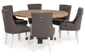 Lyon rund spisegruppe Ø150 cm med 6 Viktoria-stoler - Vintage alm/Grå/Hvit - Møbler - Bord - Spisegrupper