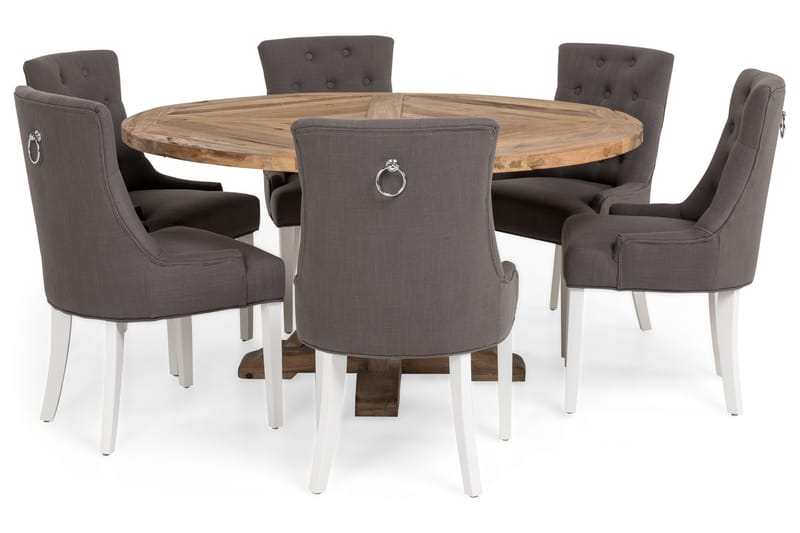 Lyon rund spisegruppe Ø150 cm med 6 Viktoria-stoler - Vintage alm/Grå/Hvit - Møbler - Bord - Spisegrupper