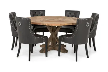 Lyon Rund Spisegruppe 150 cm med 6 Tuva Stoler - Brun Vintage Alm / Svart PU - Møbler - Bord - Spisegrupper