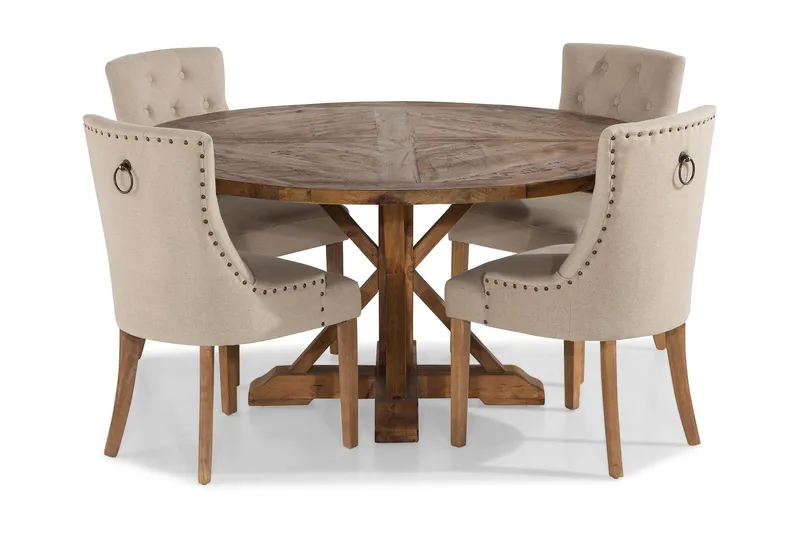 Lyon Spisegruppe Ø150 cm Rund med 4 Viktoria Stoler, Vintage Alm / Beige