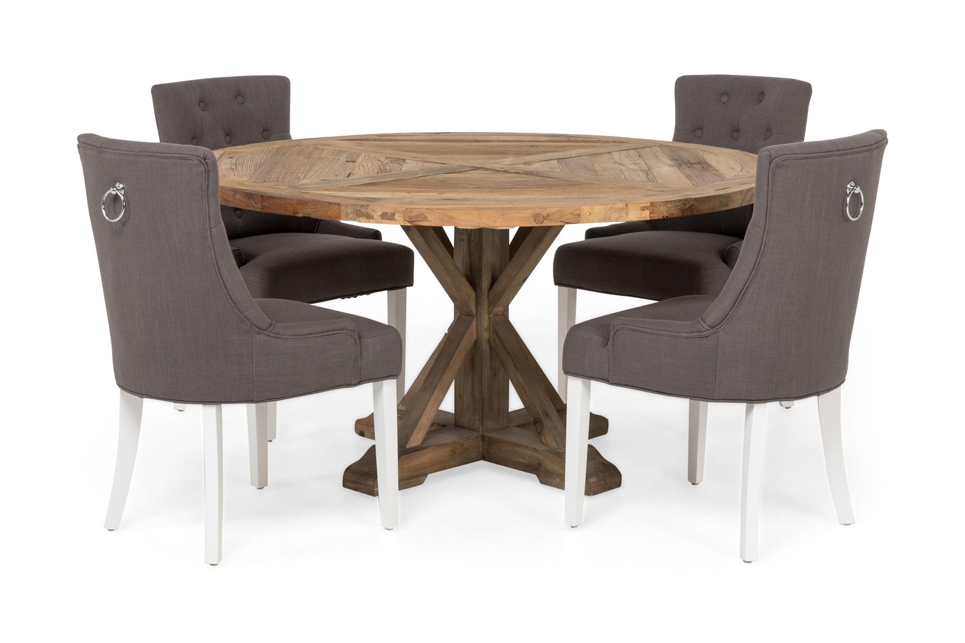 Lyon Spisegruppe Ø150 cm Rund med 4 Viktoria Stoler - Vintage Alm/Grå/Hvit