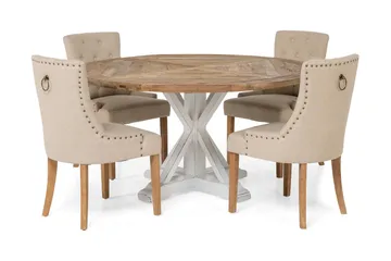 Lyon Spisegruppe Ø150 cm Rund med 4 Viktoria Stoler - Vintage Natur/Hvit/Beige - Møbler - Bord - Spisegrupper