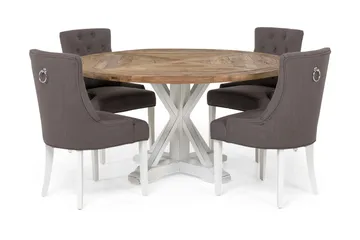 Lyon Spisegruppe Ø150 cm Rund med 4 Viktoria Stoler - Vintage Natur/Hvit/Grå - Møbler - Bord - Spisegrupper