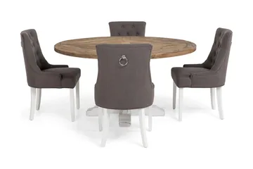 Lyon Spisegruppe Ø150 cm Rund med 4 Viktoria Stoler - Vintage Natur/Hvit/Grå - Møbler - Bord - Spisegrupper
