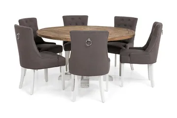 Lyon Spisegruppe Ø150 cm Rund med 6 Viktoria Stoler - Vintage Natur/Hvit/Grå - Møbler - Bord - Spisegrupper