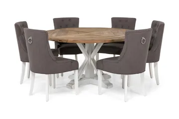 Lyon Spisegruppe Ø150 cm Rund med 6 Viktoria Stoler - Vintage Natur/Hvit/Grå - Møbler - Bord - Spisegrupper