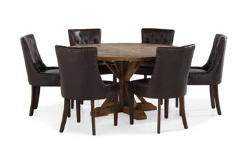 Lyon spisegruppe 150 cm rund i mørkt tre med 6 Tuva stoler - Vintage alm / Brun PU - Møbler - Bord - Spisegrupper