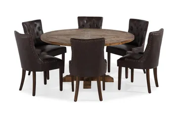 Lyon spisegruppe 150 cm rund i mørkt tre med 6 Tuva stoler - Vintage alm / Brun PU - Møbler - Bord - Spisegrupper