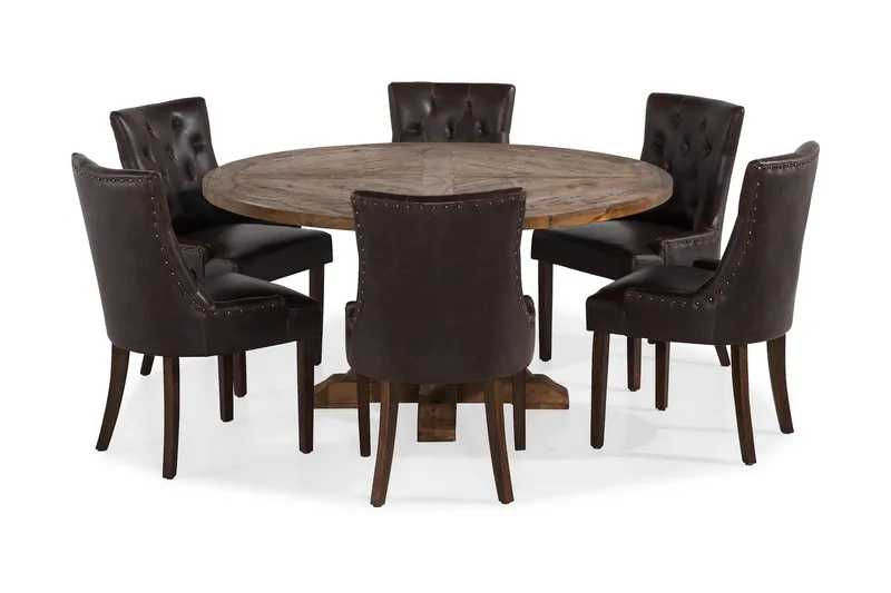 Lyon spisegruppe 150 cm rund i mørkt tre med 6 Tuva stoler - Vintage alm / Brun PU - Møbler - Bord - Spisegrupper