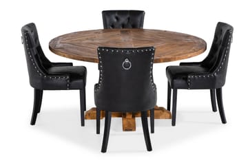 Lyon spisegruppe 150 cm rund med 4 Tuva lenestoler - Vintage alm/Svart PU - Møbler - Bord - Spisegrupper