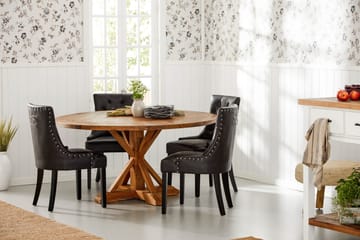 Lyon spisegruppe 150 cm rund med 4 Tuva lenestoler - Vintage alm/Svart PU - Møbler - Bord - Spisegrupper