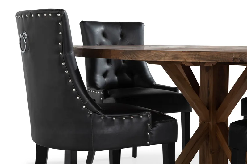 Lyon spisegruppe 150 cm rund med 4 Tuva lenestoler - Vintage alm/Svart PU - Møbler - Bord - Spisegrupper