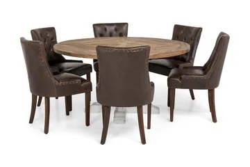 Lyon Spisegruppe 150 cm Rund med 6 Tuva Lenestoler - Vintage Alm/Hvit/Brun PU - Møbler - Bord - Spisegrupper