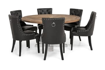 Lyon Spisegruppe 150 cm Rund med 6 Tuva Lenestoler - Vintage Alm/Hvit/Svart PU - Møbler - Bord - Spisegrupper