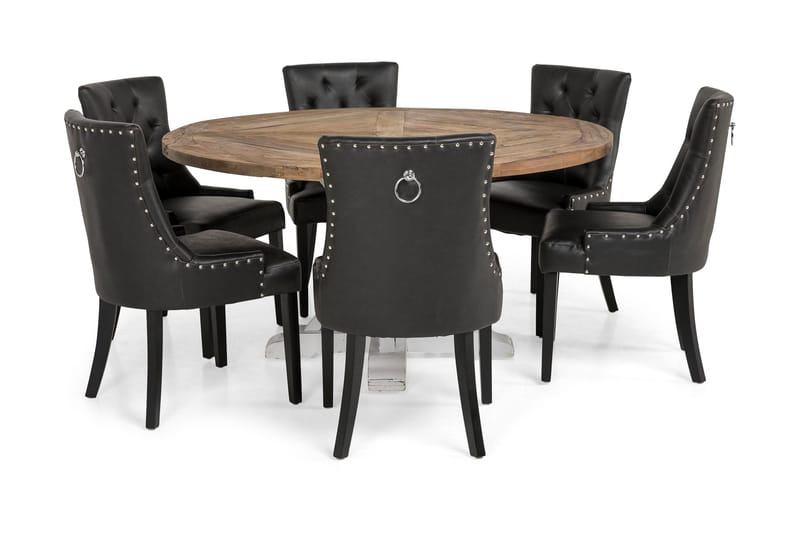 Lyon Spisegruppe 150 cm Rund med 6 Tuva Lenestoler - Vintage Alm/Hvit/Svart PU - Møbler - Bord - Spisegrupper