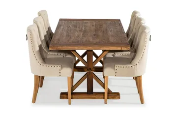Lyon Spisegruppe 200 cm + 6 Stoler Uttrekkbart Spisebord med Tilleggsplate - Brunt Tre / Natur Beige - Møbler - Bord - Spisegrupper