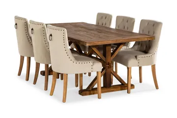 Lyon uttrekkbar spisegruppe 200 cm med 6 Viktoria lenestoler - Brunt tre / Naturbeige - Møbler - Bord - Spisegrupper
