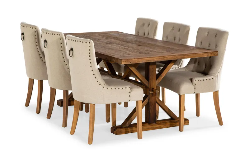 Lyon uttrekkbar spisegruppe 200 cm med 6 Viktoria lenestoler - Brunt tre / Naturbeige - Møbler - Bord - Spisegrupper