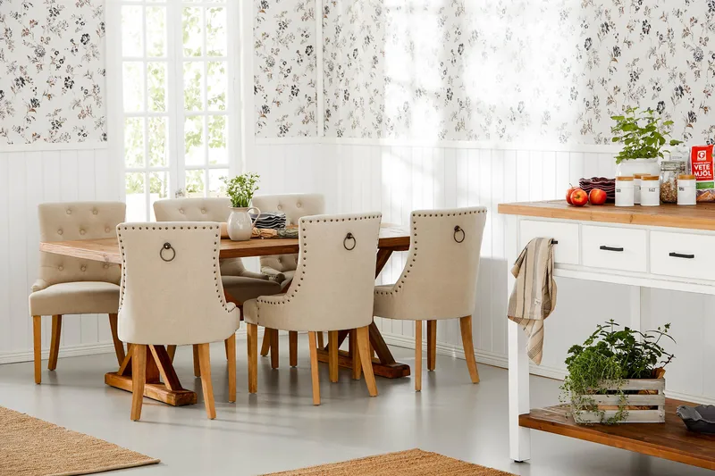 Lyon uttrekkbar spisegruppe 200 cm med 6 Viktoria lenestoler - Brunt tre / Naturbeige - Møbler - Bord - Spisegrupper