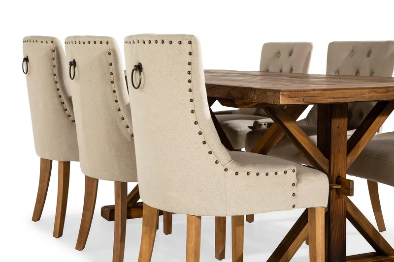 Lyon uttrekkbar spisegruppe 200 cm med 6 Viktoria lenestoler - Brunt tre / Naturbeige - Møbler - Bord - Spisegrupper